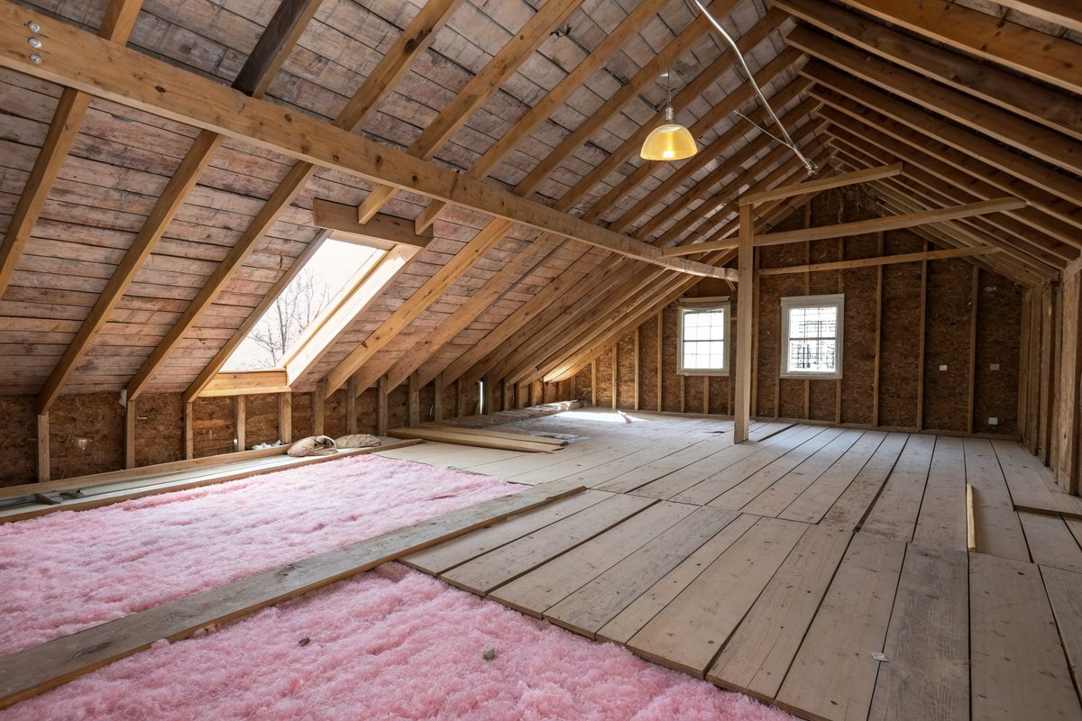 An unfinished attic with wood rafters, plank roof boards, a skylight and pink insulation between the joists
