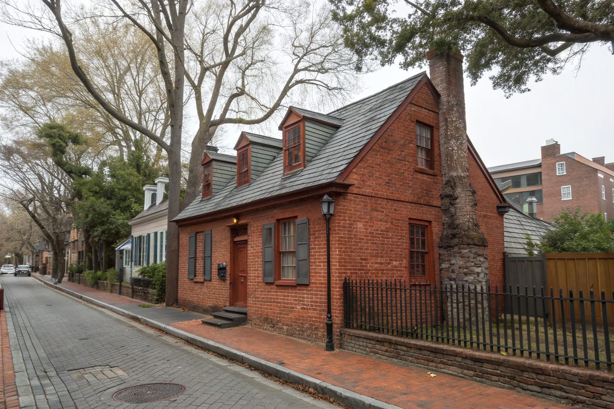 A small red-brick cottage with a steep gray slate roof and dormers on a brick-paved historic street