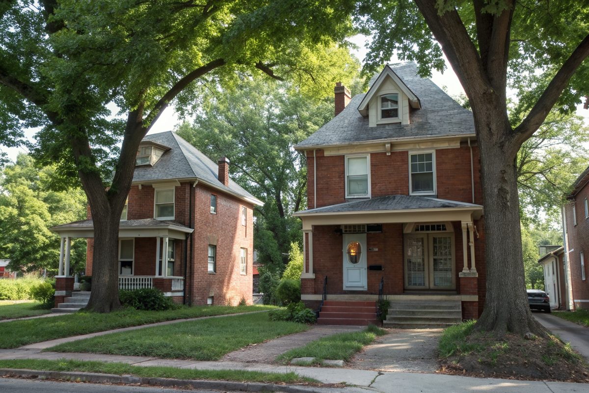 Two older red-brick houses with front porches and gray shingle roofs under big shade trees