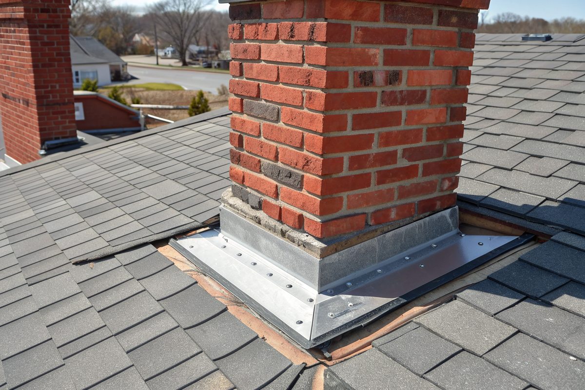 A red brick chimney on a gray shingle roof with metal flashing around its base