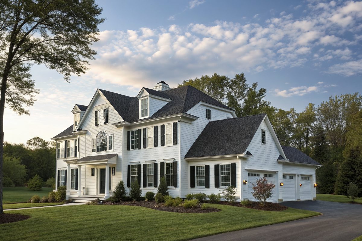A large white two-story colonial with black shutters and a new charcoal shingle roof