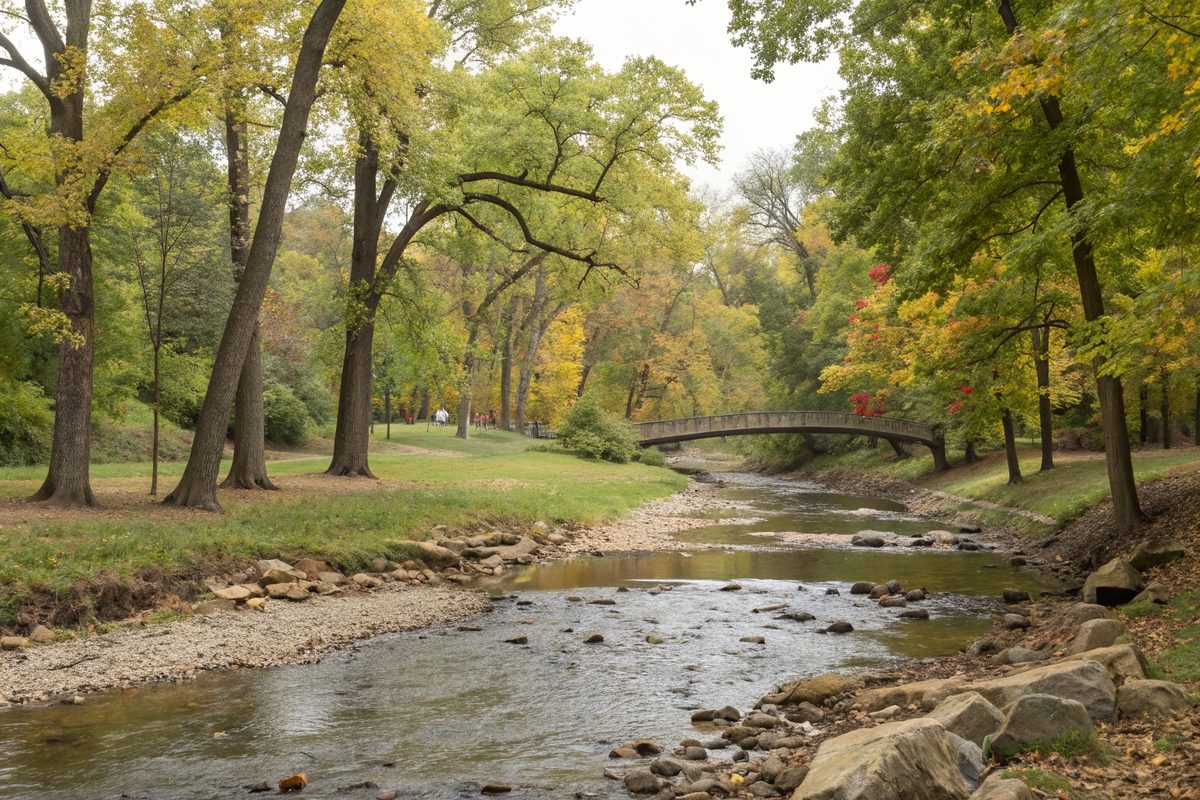 A shallow rocky creek winding through a wooded park with a footbridge and early autumn color