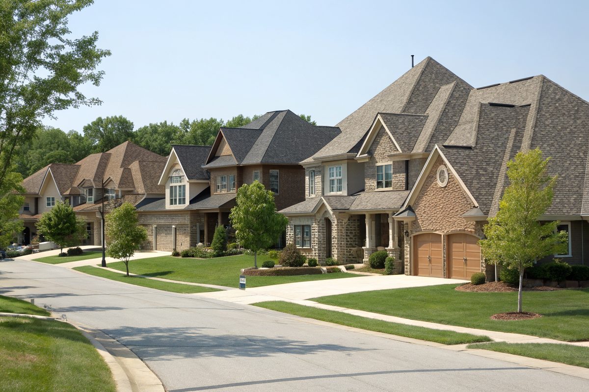 A row of large two-story homes with many gables and hips in brown architectural shingles