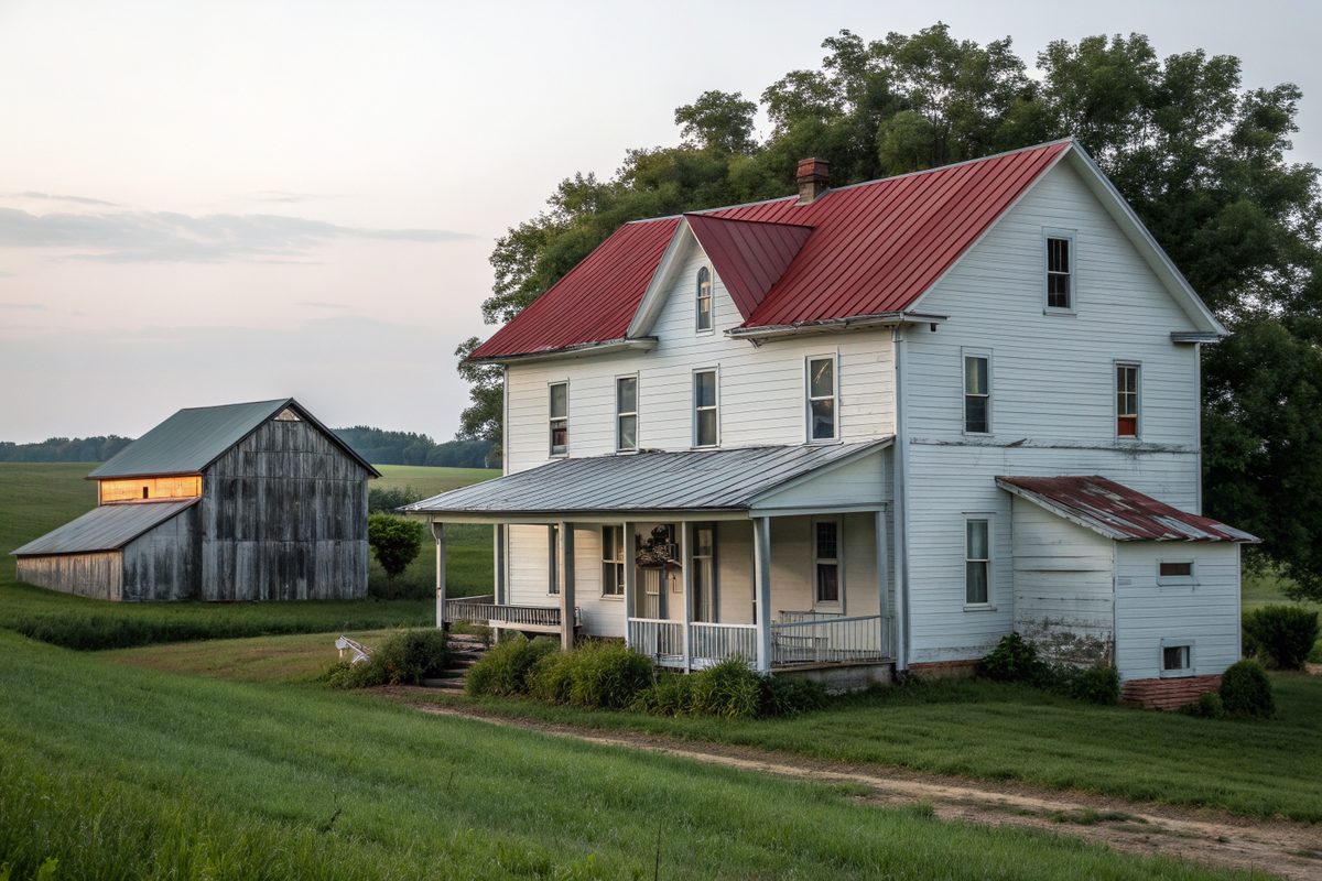 A white two-story farmhouse with a red metal roof and porch beside a weathered barn and green field
