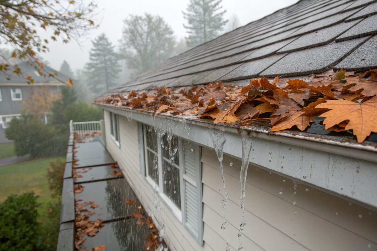 Rainwater spilling over a gutter clogged with brown leaves at the edge of a shingle roof