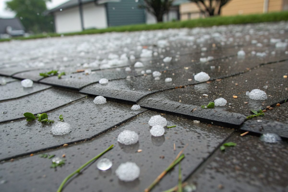 Small hailstones scattered across wet dark gray shingles after a storm