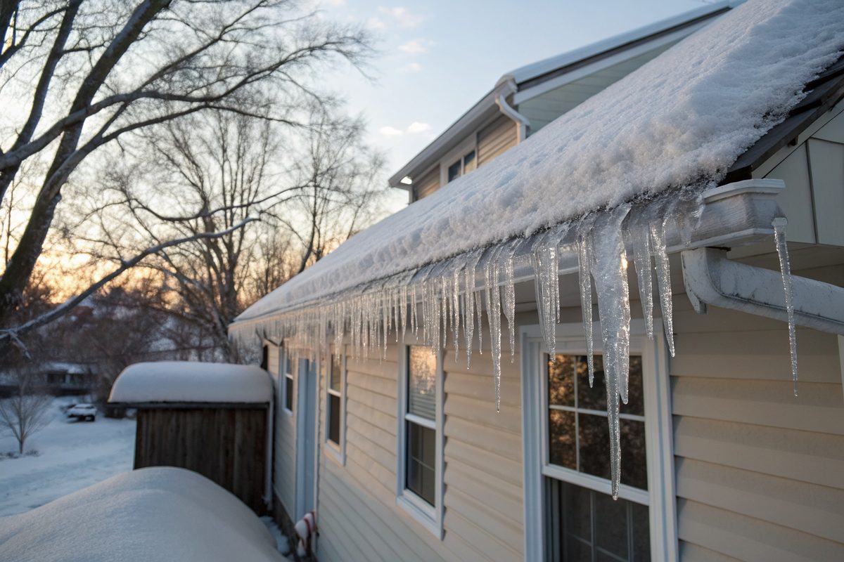 Ice and long icicles hanging from the snowy eave and gutter of a house in winter