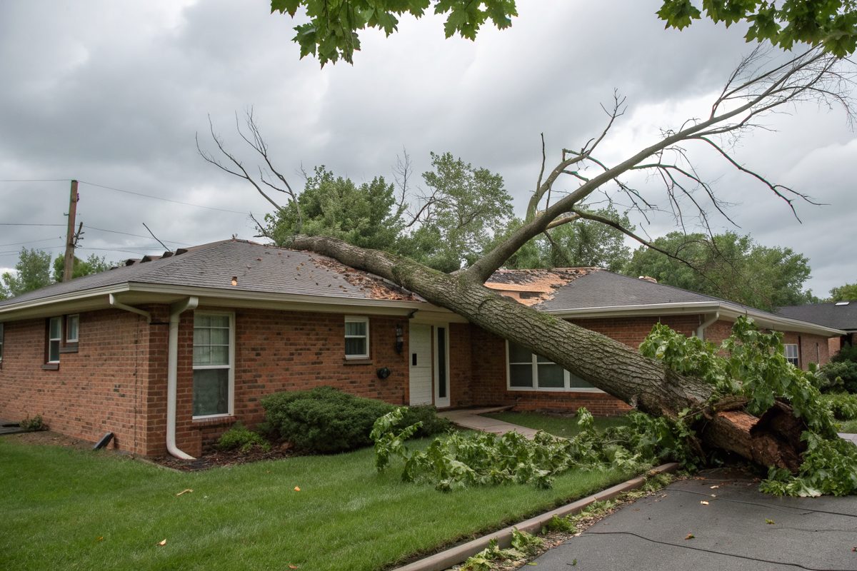 A large broken tree limb lying across the roof of a brick ranch house after a storm