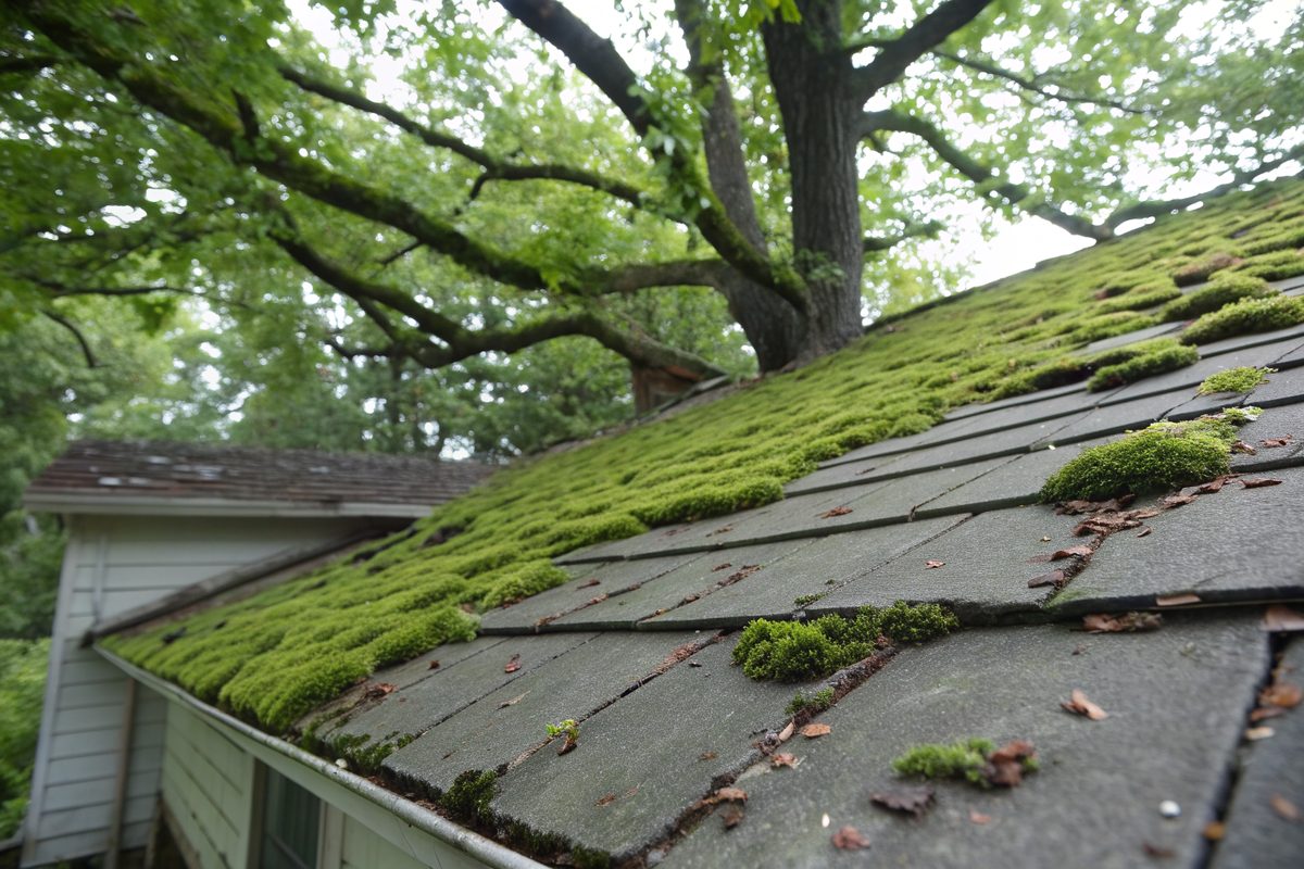 Green moss growing on old shingles on a shaded roof slope under tree branches