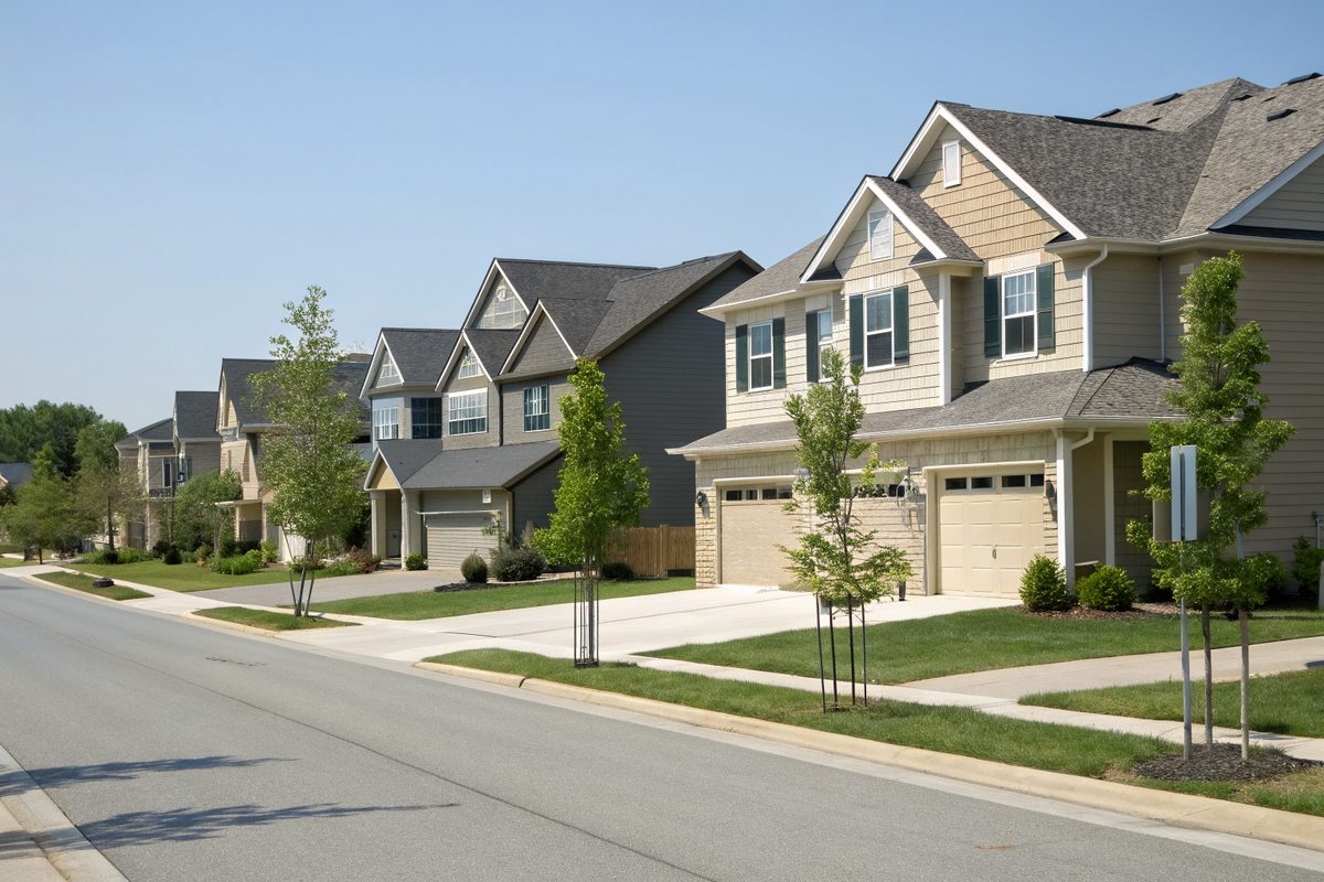 A street of newer two-story homes with matching gray shingle roofs and young trees