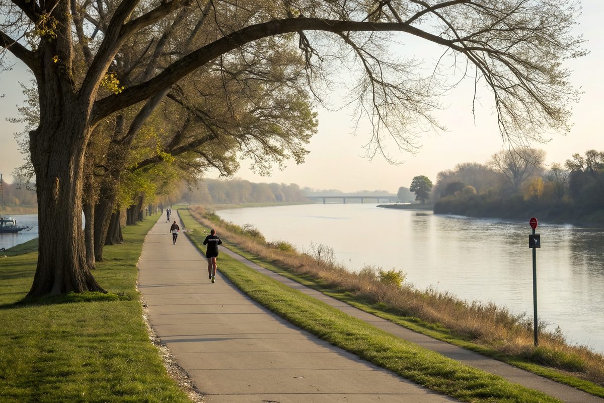 A paved riverside trail under big sycamore trees with joggers in soft morning light