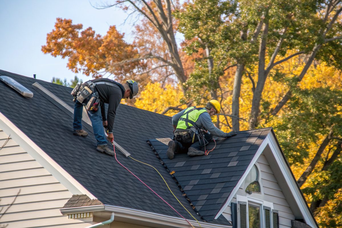 Two roofers in harnesses installing new charcoal shingles on a steep roof beside autumn trees