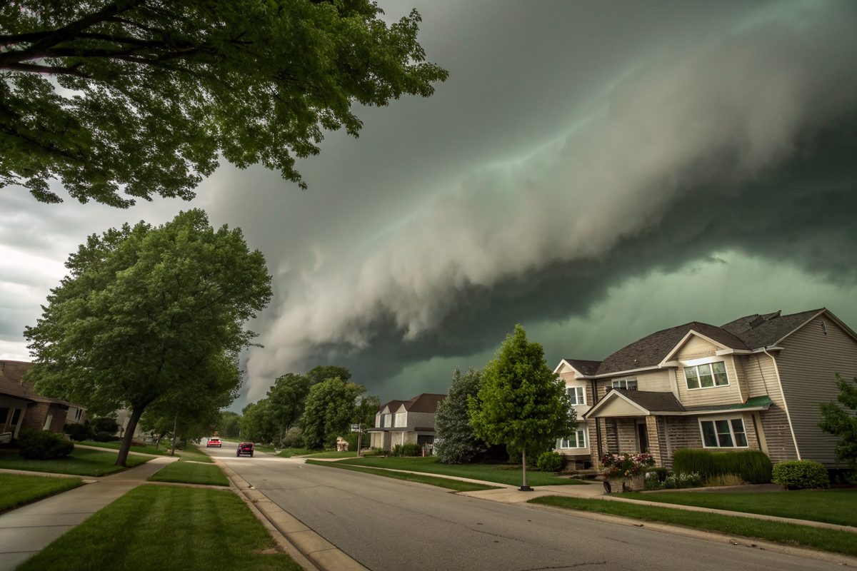 A dark shelf cloud from a thunderstorm moving over a suburban street of two-story homes