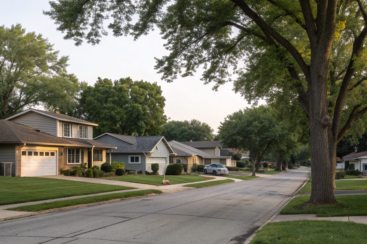 A quiet street of split-level and ranch houses with shingle roofs under large shade trees