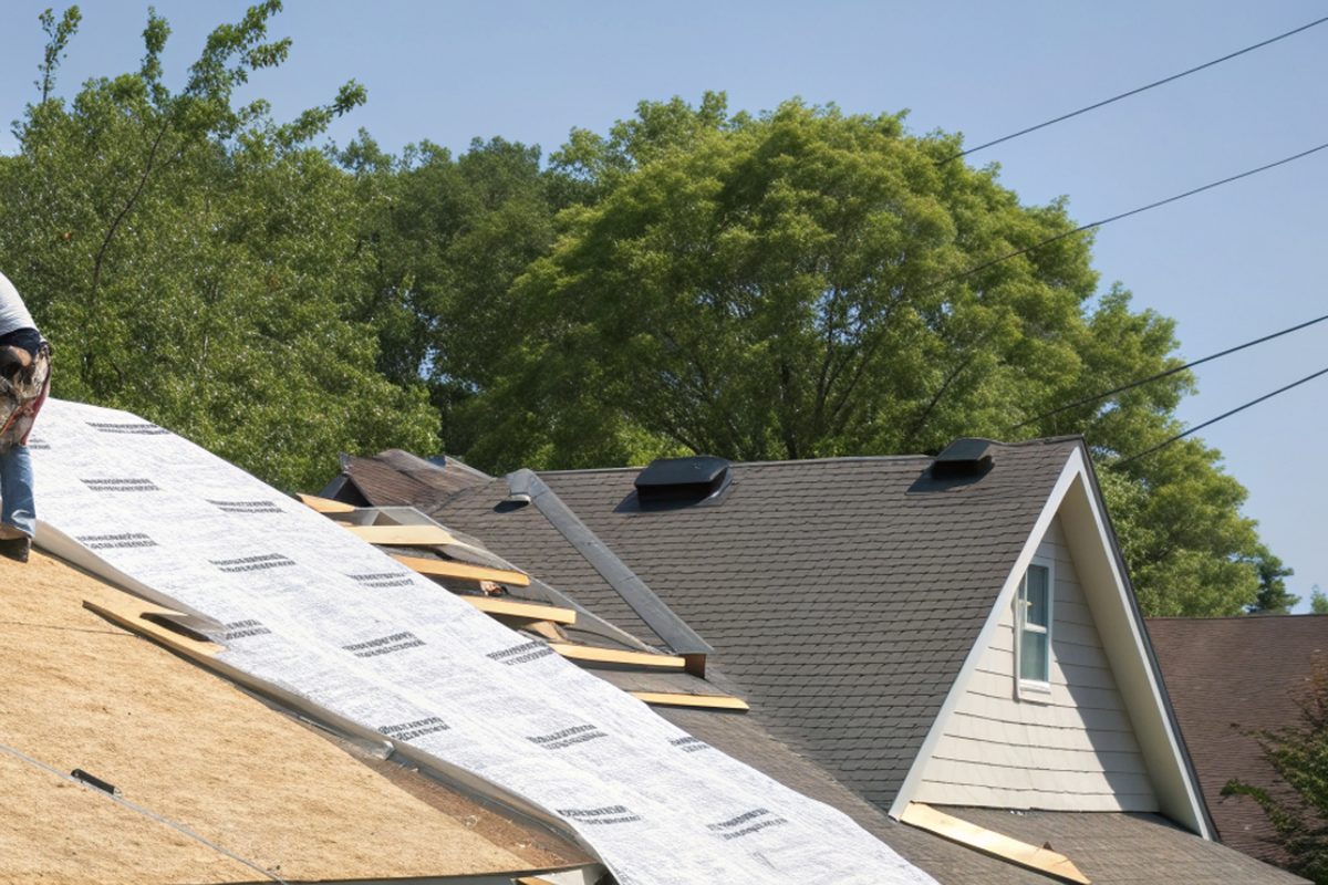 A roofer rolling out white underlayment over bare roof decking during a tear-off