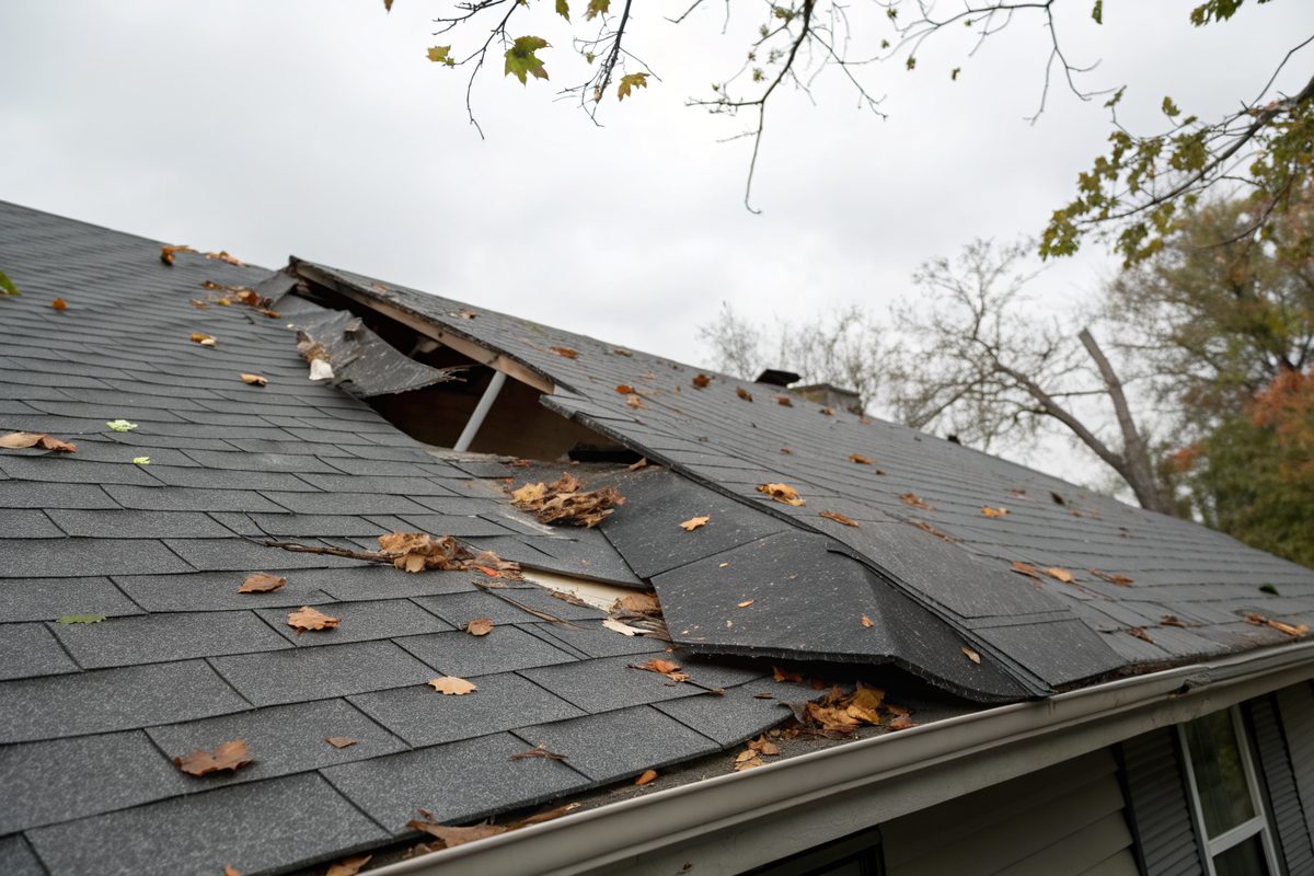 Wind-torn gray shingles lifted along a roof with leaves scattered across them